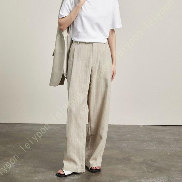 ガウチョパンツ レディース ロングパンツ リネン ウエストゴム ポケット付き 綿麻 ハイウエスト ワ...
