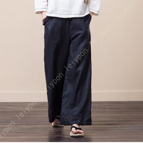 ストレートパンツ ロングパンツ レディース ハイウェスト 無地 ウェストゴム ポケット付き ガウチョ...