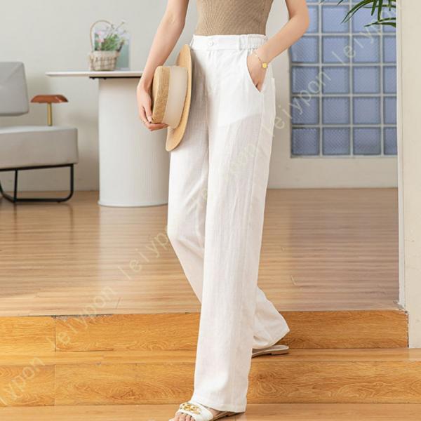 レディース 綿麻 イージーパンツ ロングパンツ コットンリネンパンツ 薄く見える 涼しい 無地 サル...