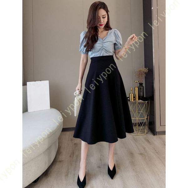 フレアスカート レディース 夏 スリム スカート プリーツ 無地 黒 ロングスカート ハイウェスト ...