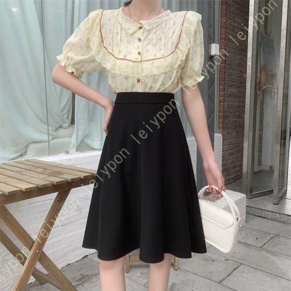 スカート レディース 春 夏 可愛い フレアスカート シンプル 無地 黒 カジュアル 復古気質 エレ...