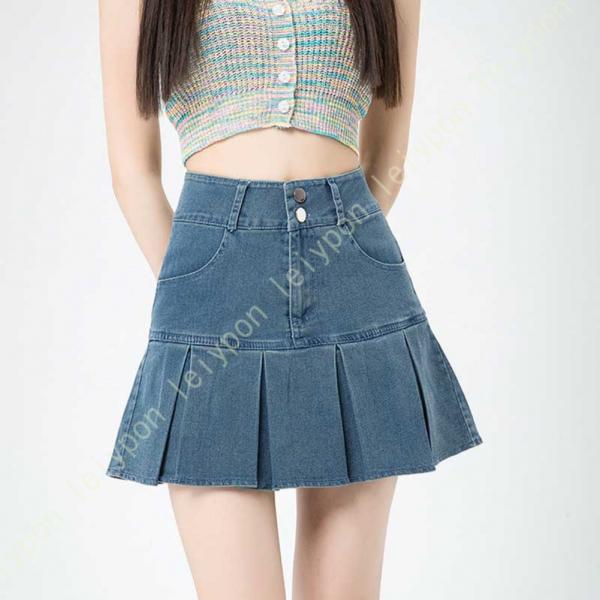 プリーツスカート レディース ハイウエスト 可愛い デニム ミニスカート ショットスカート 短いスカ...