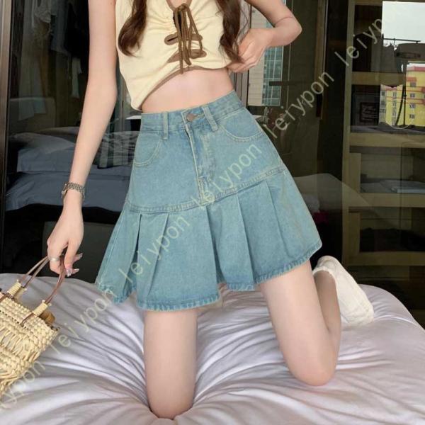 プリーツスカート デニム ハイウエスト 可愛い スカート レディース 夏 ショートスカート 原宿系 ...