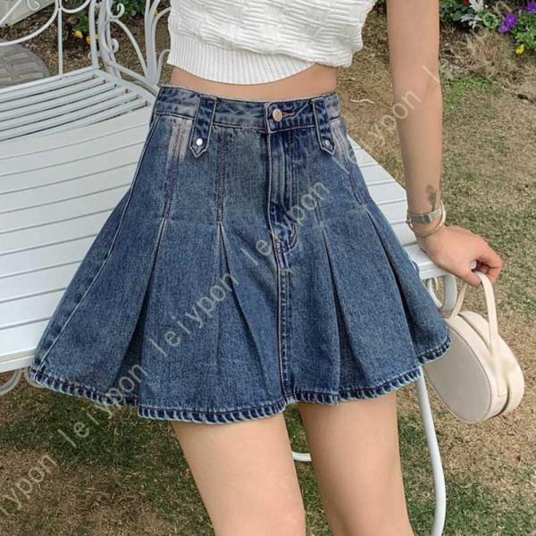 プリーツスカート スカート レディース 原宿系 デニム ゆったり 着痩せ 小尻 タイト ジーンズ カ...