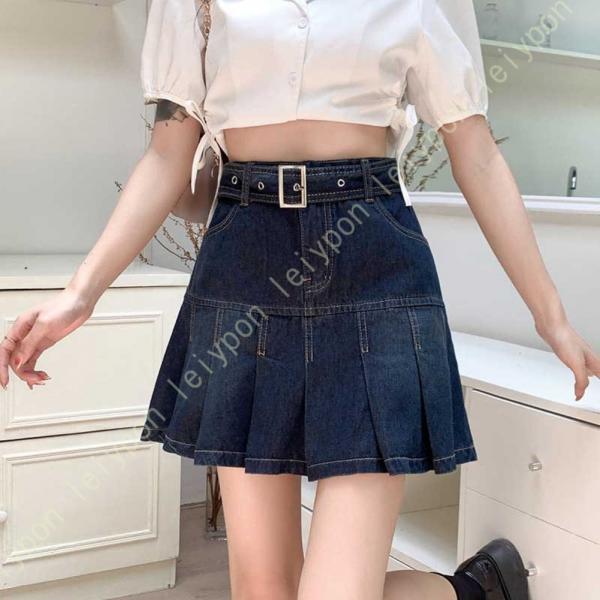 プリーツスカート レディース ハイウエスト 可愛い デニム ミニスカート ショットスカート 短いスカ...