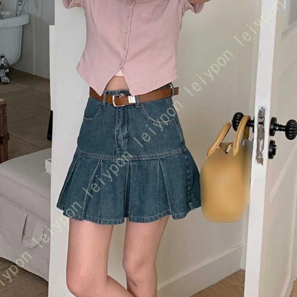 プリーツスカート デニム レディース 夏 ショート丈 Aライン ストレッチ 台形シルエット 足長 着...