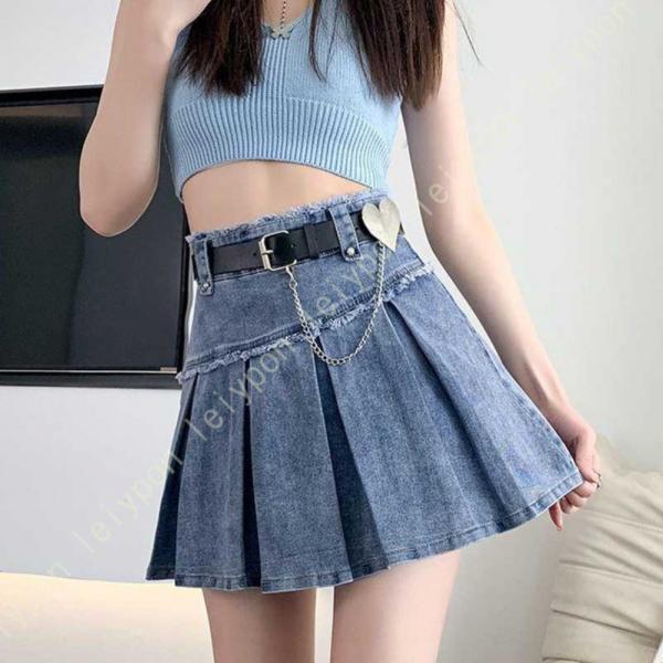 デニムスカート レディース プリーツスカート 春 夏 ファッション 原宿系 スリム Aライン フリル...