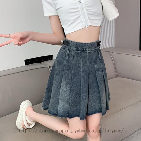 プリーツスカート レディース デニム 春 夏 Aライン ゆったり オシャレ ショートスカート 膝丈 ...