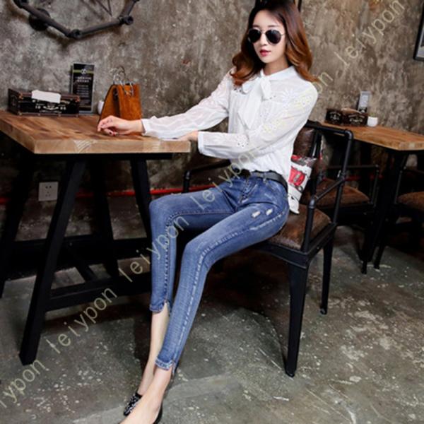 ダメージ ジーンズ スキニーパンツ レディース ハイウエスト デニムパンツ ストレッチ ストリート ...