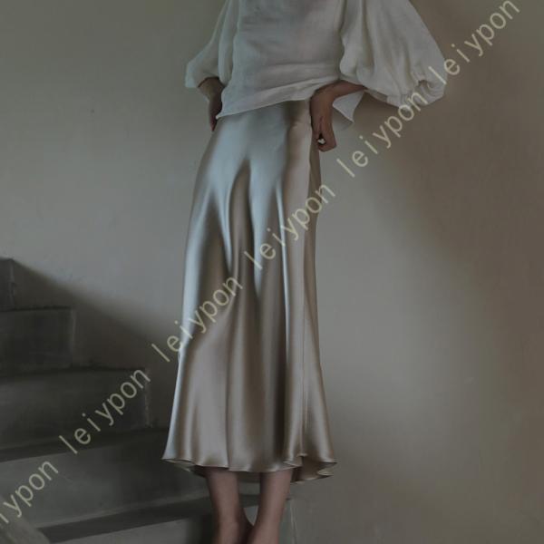 スカート レディース Aライン ロングスカート シンプル 春 夏 秋 ハイウエスト チュール サテン...