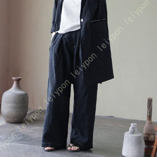 ロングパンツ ワイドパンツ レディース 麻素材 シンプル ウェストゴム リネン風 ゆったり ウエスト...