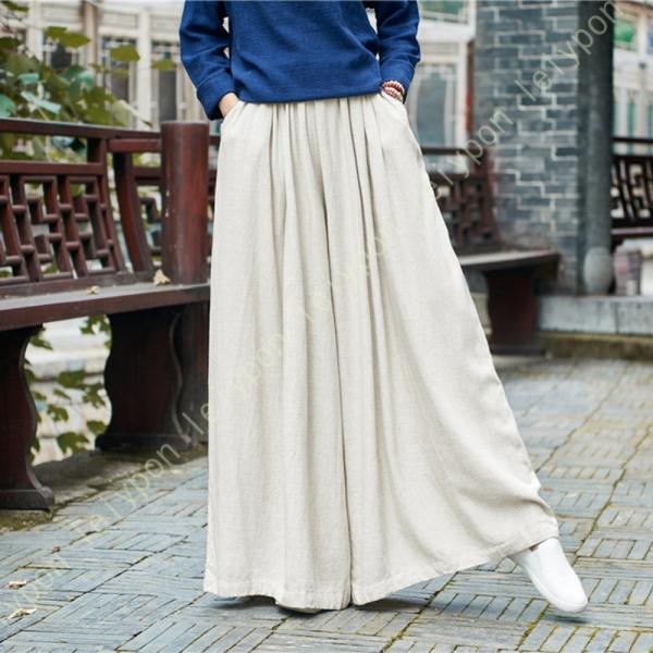 リネンパンツ レディース ガウチョパンツ 無地 シンプル ゆったり ウエストゴム アジアンパンツ ワ...