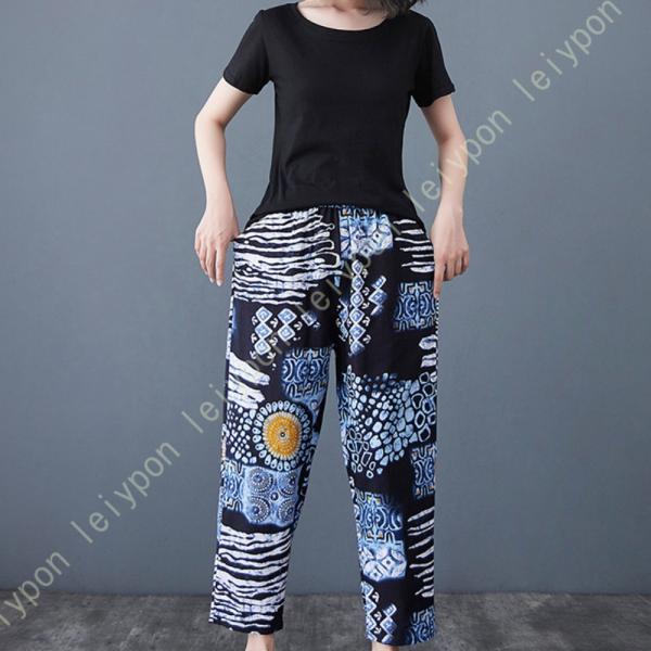 ワイドパンツ レディース ウエストゴム 綿麻 リネン 夏 涼しい リネンワイドパンツ 花柄 吸汗 速...