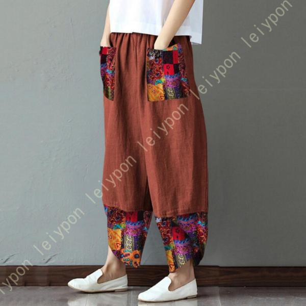 ワイドパンツ レディース 綿麻パンツ リネン リラックス 春夏 ウエストゴム ポケット付き 花柄 吸...