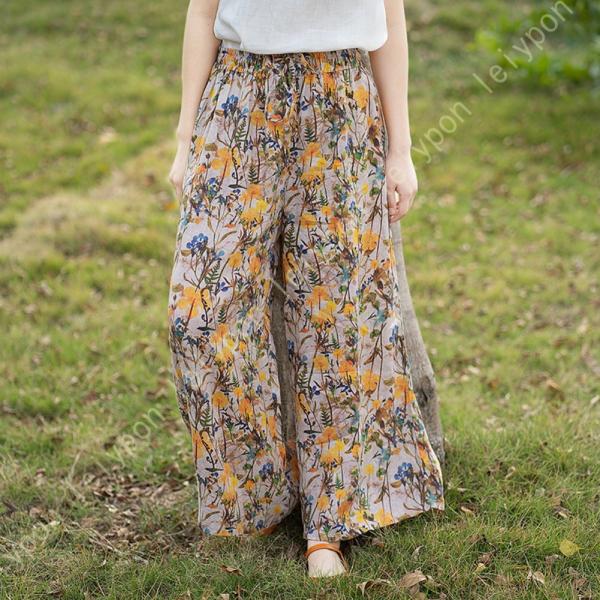 サルエルパンツ レディース 9分丈パンツ ゆったり ポケット付き エスニック 花柄 春 夏 秋 綿麻...