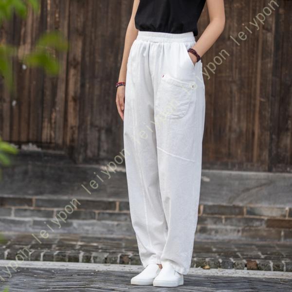 ワイドパンツ レディース 綿麻 ゆったり リネン ガウチョパンツ ロングパンツ ウエストゴム 体型カ...