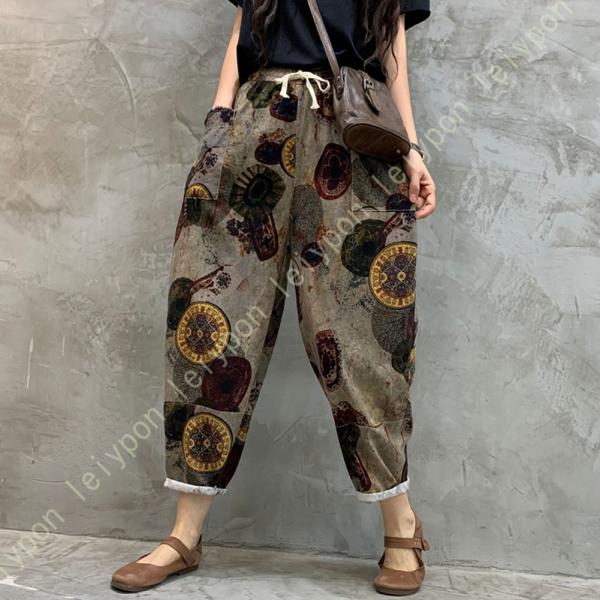 ワイドパンツ レディース 綿麻 花柄 シンプル ゆったり リネンウエストゴム 麻混 美脚 着痩せ サ...