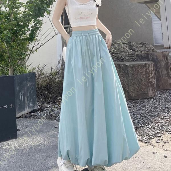 ロングスカート Aライン 夏 レディース ポケット付き 可愛い バルーンスカート ウエストゴム 無地...