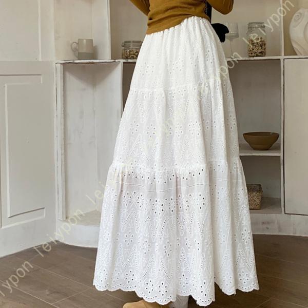 ティアードスカート 春夏 フレア ウエストゴム ロングスカート 綿素材 肌触りが良い ドライな生地 ...