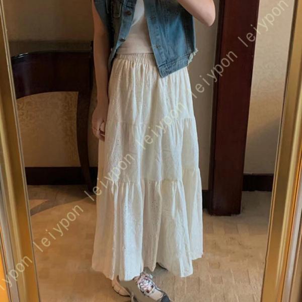 レーススカート 春夏 ウエストゴム レディース コットン 裏地付き 透かし編み エレガント 総レース...