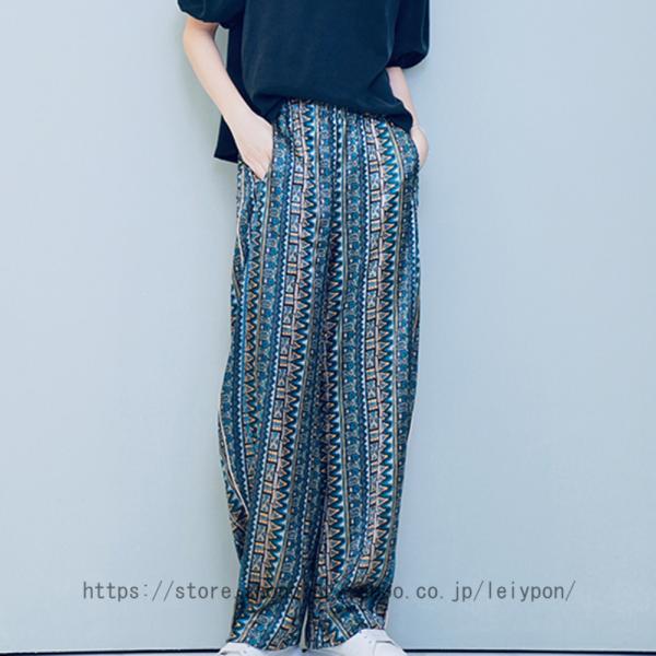 ワイドパンツ ガウチョパンツ レディース 民族風 体型カバー ハイウエスト 通勤 スカーチョ シフォ...