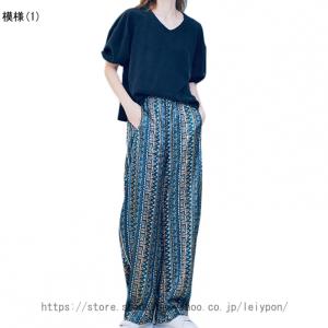 ワイドパンツ ガウチョパンツ レディース 民族...の詳細画像1