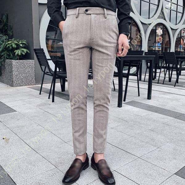 ストライプ柄 スラックス メンズ スリム スキニーパンツ 厚手 黒 脚長 ストレッチ ビジネス ウォ...