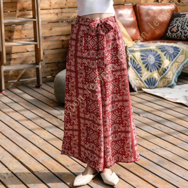 ワイドパンツ ガウチョパンツ レディース ボヘミア風 花柄 ふんわり 涼しい スカーチョ パンツ ボ...