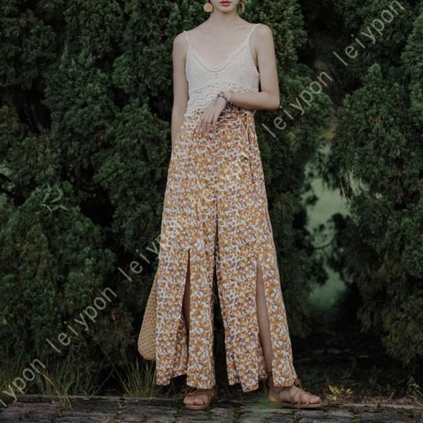 ロングパンツ レディース 民族風 プリント 美尻 シフォン ワイドパンツ ゆったり ロングパンツ 花...