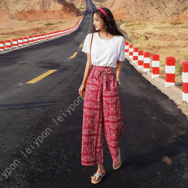 ガウチョパンツ レディース ワイドパンツ ハイウエスト ボヘミアン おしゃれ エレガント 花柄 エス...