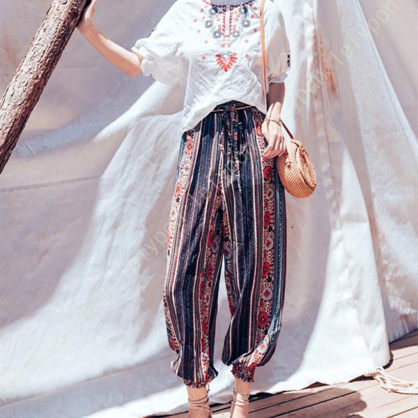 ロングパンツ レディース 民族風 プリント 美尻 シフォン ワイドパンツ ゆったり ロングパンツ 花...