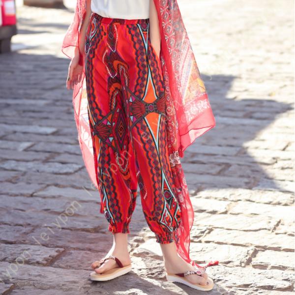 ロングパンツ レディース ハイウエスト ゴム 民族風 プリント エスニック ボヘミアン ズボン ヨガ...
