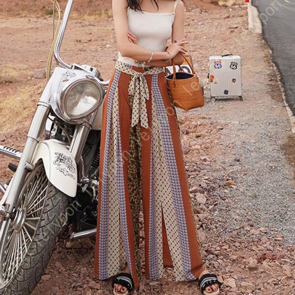 ロングパンツ レディース ハイウエスト ゴム 民族風 プリント エスニック ボヘミアン ズボン ヨガ...