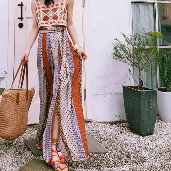 ワイドパンツ レディース ロングパンツ リラックス 春 夏 秋 ウエストゴム お洒落 ガウチョパンツ...