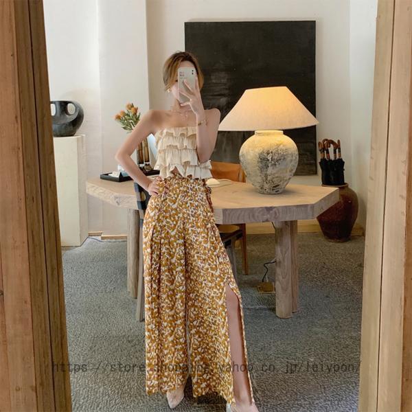 ロングパンツ ランタンパンツ レディース ボヘミア風 花柄 ウエストゴム シフォン ゆったり ヨガパ...