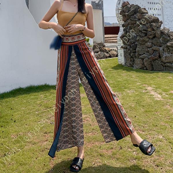 ロングパンツ ランタンパンツ レディース ボヘミア風 花柄 ウエストゴム シフォン ゆったり ヨガパ...