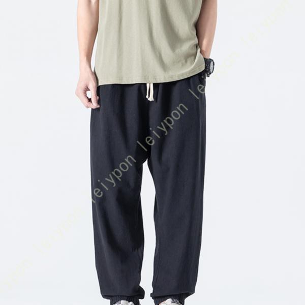 ロングパンツ メンズ ワイドパンツ ゴム 紐付き ズボン サルエルパンツ 9分丈 ゆったり 夏 無地...