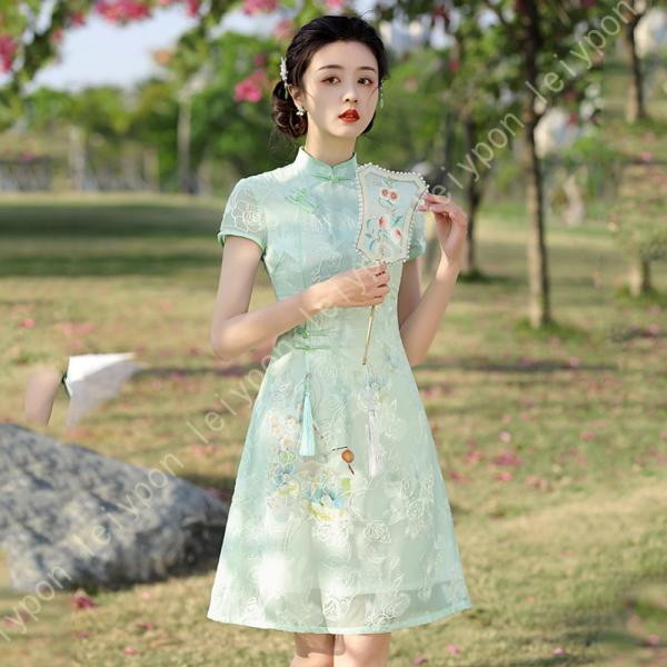 チャイナ服 ミニ チャイナドレス ショート ファッション 旗袍 シフォン 膝上 レディース 改良した...