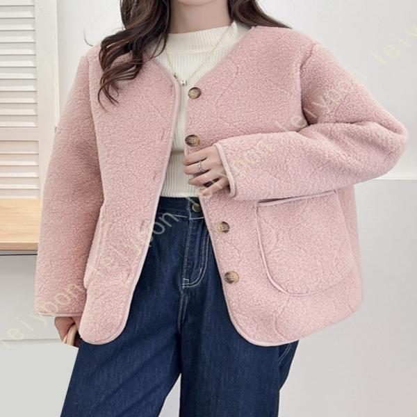 もこもこ フリース ジャケット レディース ボア ジャケット ノーカラー 長袖 大きいサイズ ボタン...