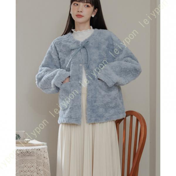 リボンファーコート リボン 可愛い ファーコート レディース 厚手 ファージャケット ゆったり ふわ...