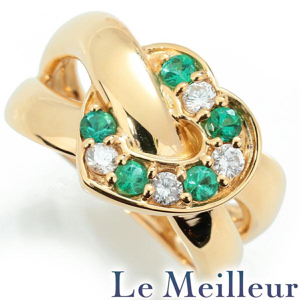 ハートモチーフリング 指輪 エメラルド 0.28ct ダイヤモンド イエローゴールド K18YG 1...