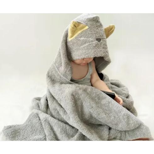 ねこさんフード付きバスタオル グレー