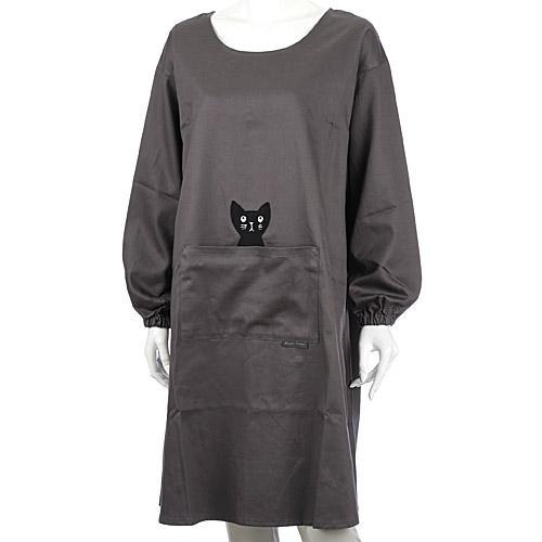 俣野温子マタノアツコ かつらぎのひょっこり黒猫 背ボタン型割烹着 グレー