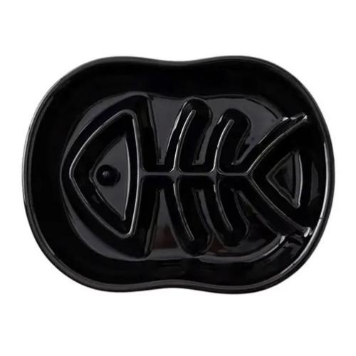 陶器製早食い防止皿 フィッシュボーン ブラック