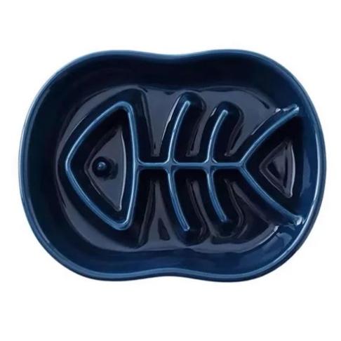 陶器製早食い防止皿 フィッシュボーン ネイビーブルー