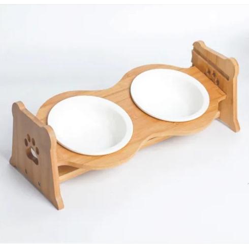 陶器製バンブ―スタンド付きダブルボウル ホワイト