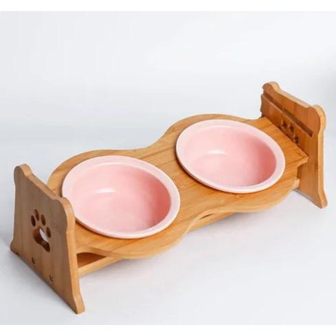 陶器製バンブ―スタンド付きダブルボウル ピンク