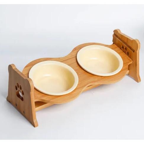 陶器製バンブ―スタンド付きダブルボウル イエロー