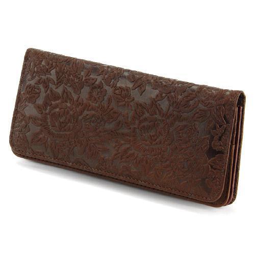 財布 素押バラ柄 かぶせ札入 ダークブラウン 全国送料430円