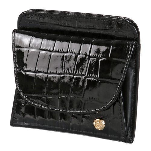 エナメルクロコ バラ飾り 単札入 ブラック